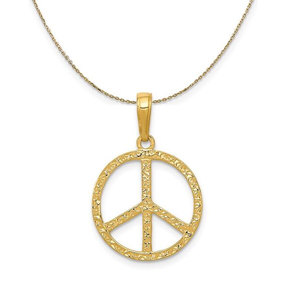 14k Yellow Gold Textured Peace Sign (16mm) Necklace - 24 Inch - Picture 1 of 7